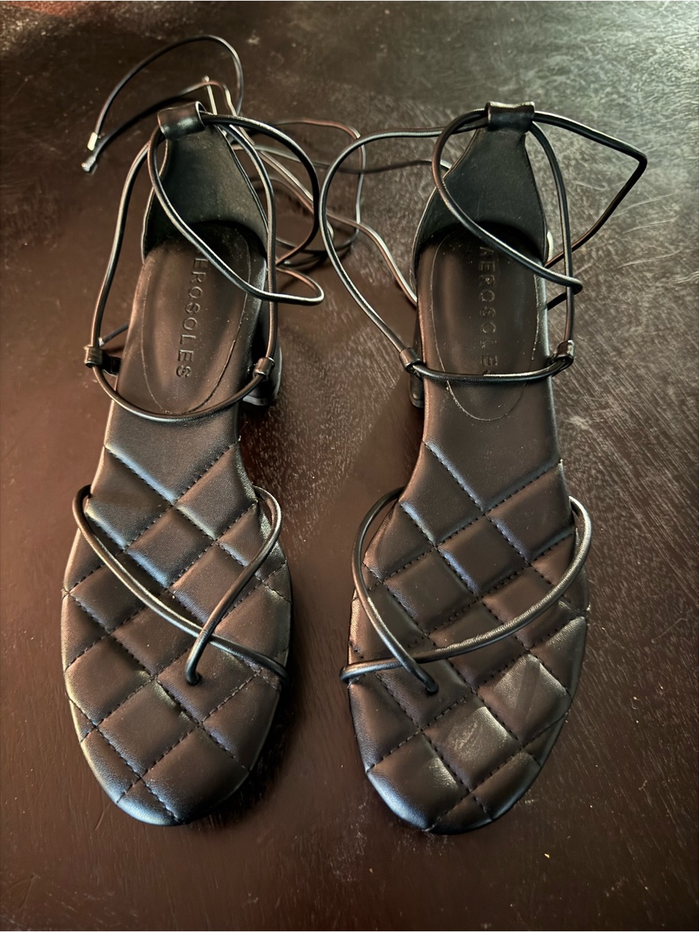 AEROSOLES Black Quilted Lace-Up Heeled Sandals
